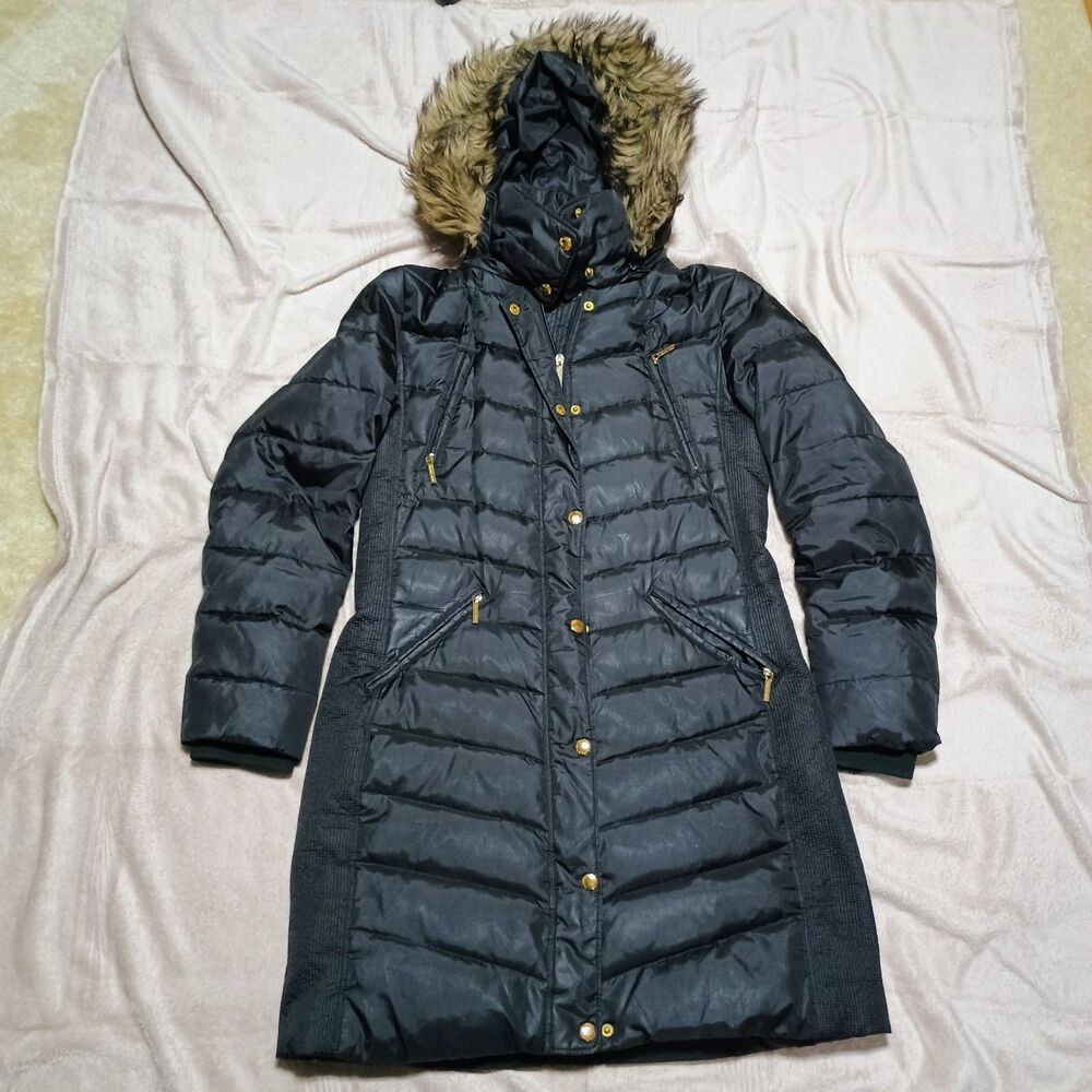 Michael Kors Women Medium Black Long Puffer Coat Faux Fur Hood Gold Hardware